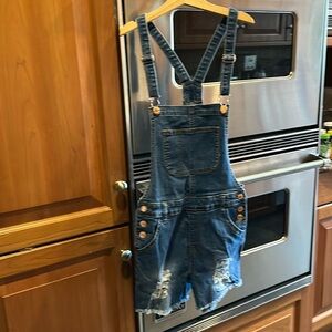 Girls, small coverall shorts, copper colored snaps with loops for belt